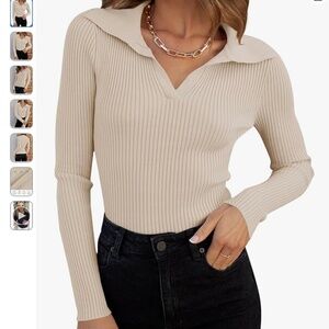 Zesica spring long sleeve v neck ribbed knit sweater in cream, size M.